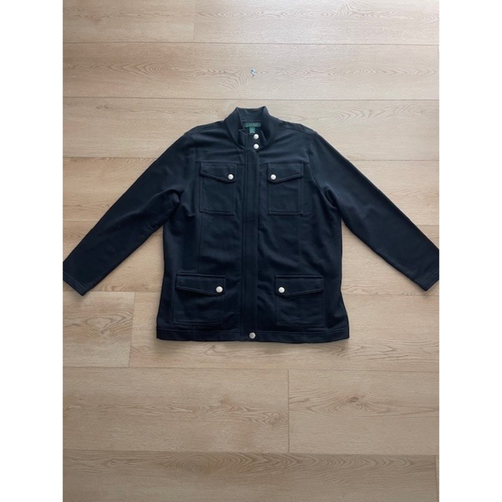 Lauren Ralph Lauren Black Utility Knit Jacket Mock Neck Snap Front Plus Size 2X